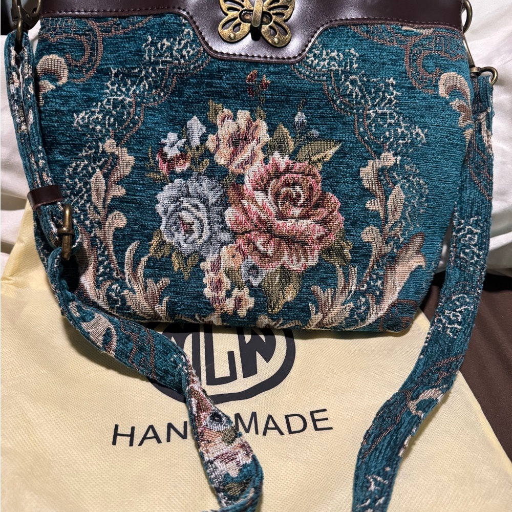 Teal Floral Crossbody Bag with Vintage Charm